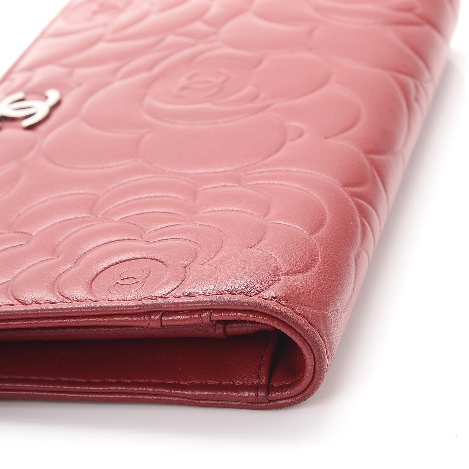 Chanel Lambskin Camellia Embossed Yen Wallet Dark Red 10 of 13