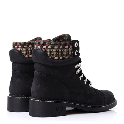 Chanel Calfskin Tweed Trim Lace Up Boots 38.5 Black Multicolor 4 of 6