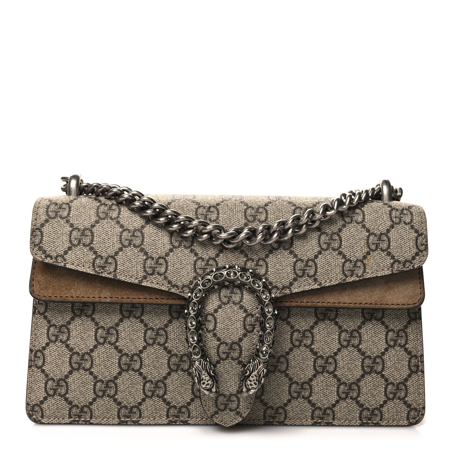 Gucci GG Supreme Monogram Suede Crystal Small Dionysus Shoulder Bag Beige Ebony Taupe 1 of 13