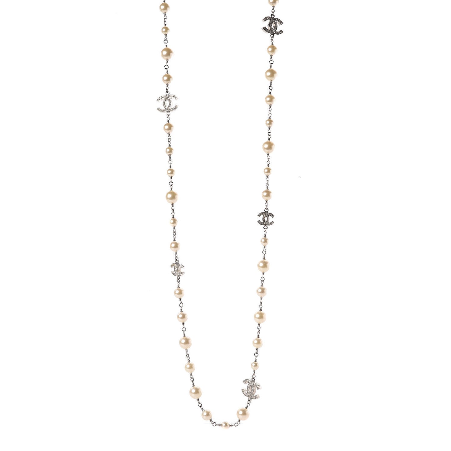 Crystal Pearl CC Long Necklace Silver