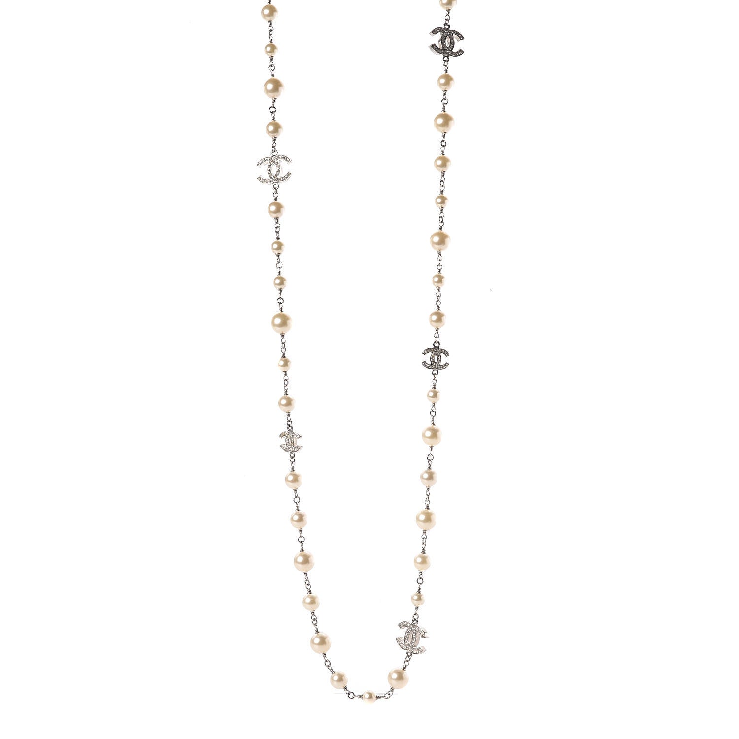 Chanel Crystal Pearl CC Long Necklace Silver 1 of 5