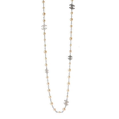 Chanel Crystal Pearl CC Long Necklace Silver 1 of 5