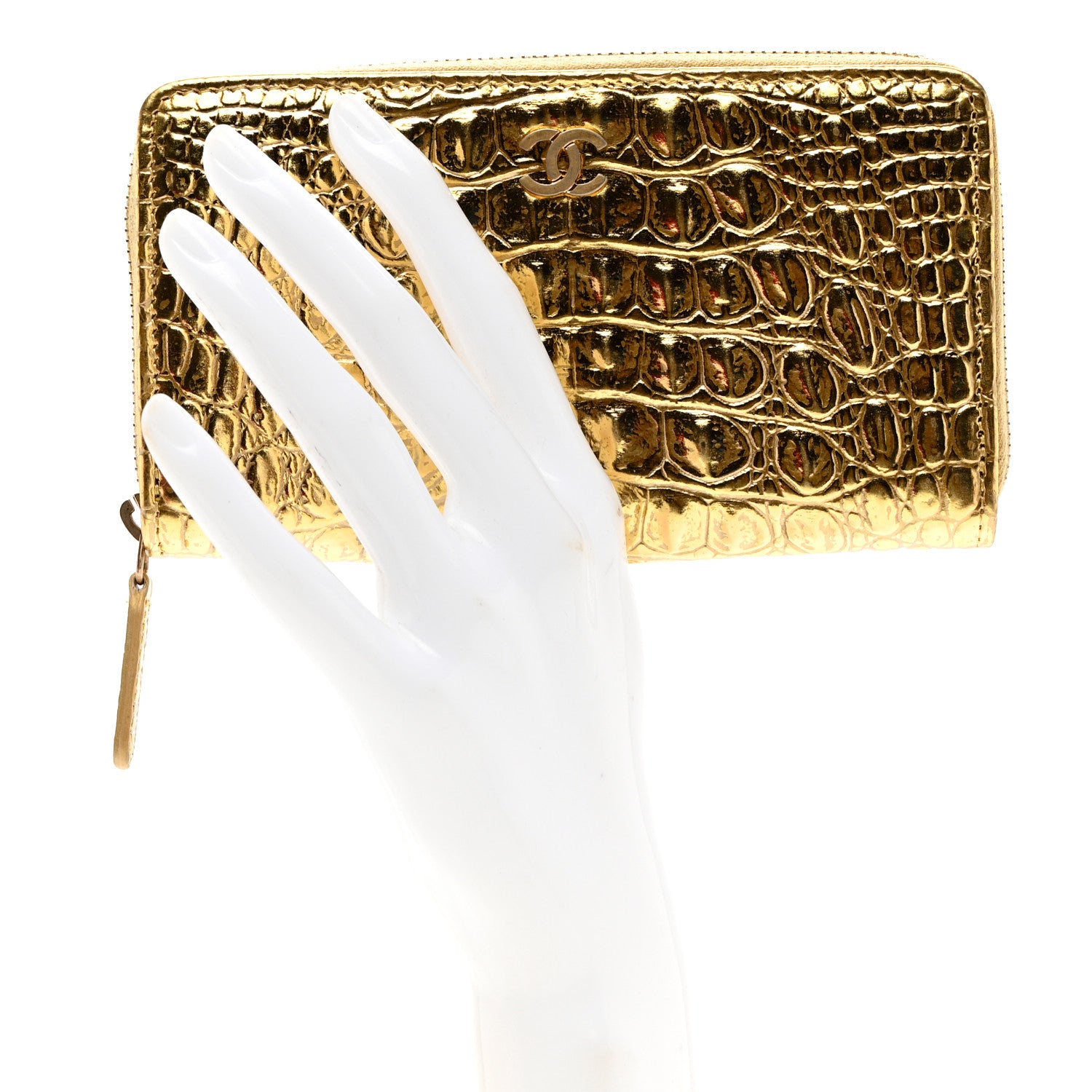 Chanel Metallic Calfskin Crocodile Embossed Small Cocodile Zip Wallet Gold 2 of 8