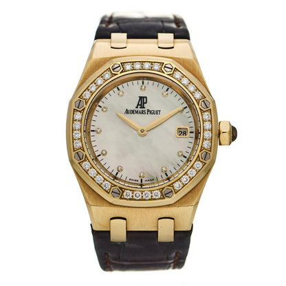 Audemars Piguet 18K Yellow Gold Alligator Mother of Pearl Diamond 33mm Royal Oak Quartz Watch Brown 67601BA.ZZ.D012CR.03 1 of 5