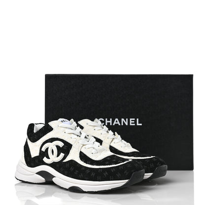 Chanel Suede Calfskin Printed CC Sneakers 38.5 Black White 9 of 9