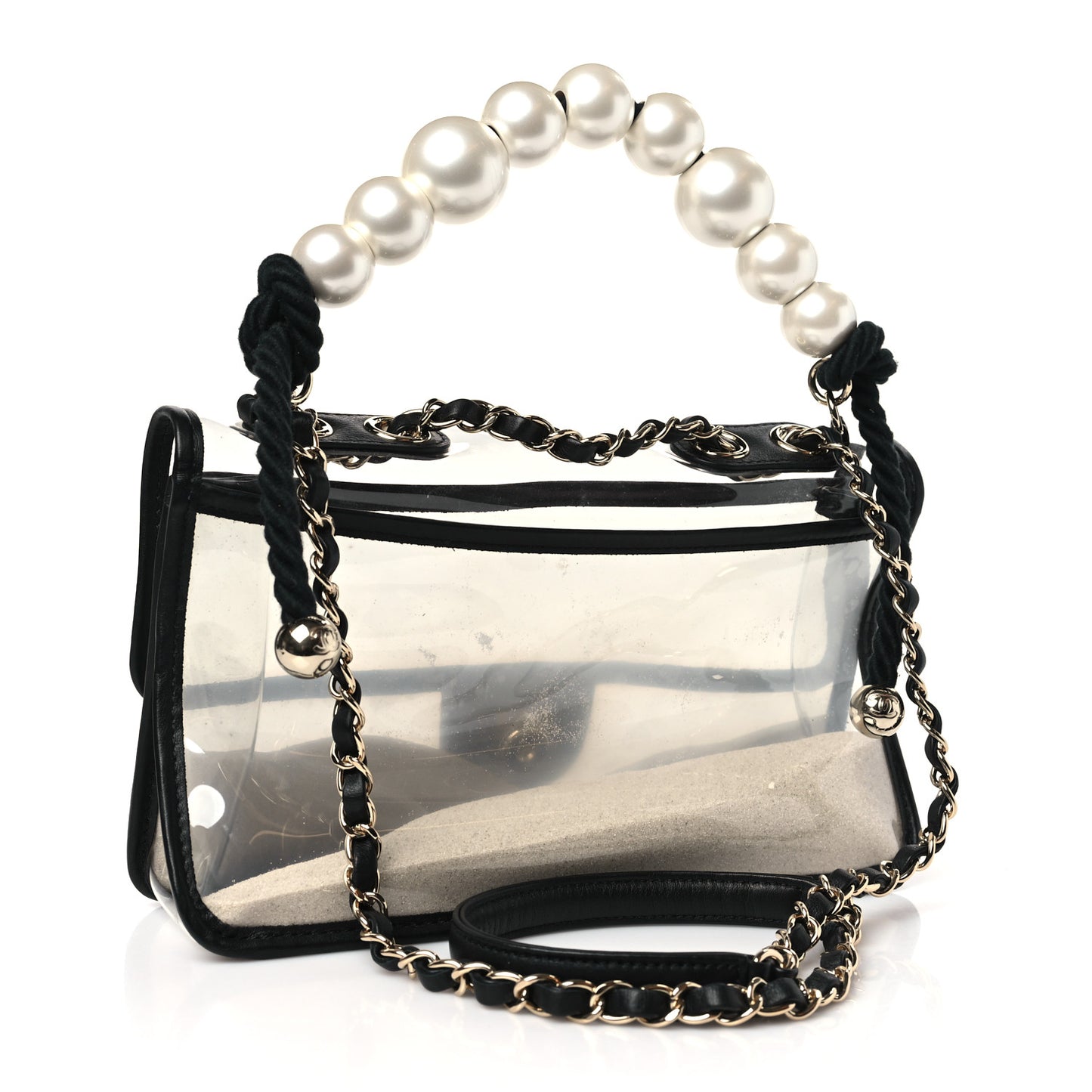 Lambskin PVC Sand By The Sea Flap With Pearl Strap Black