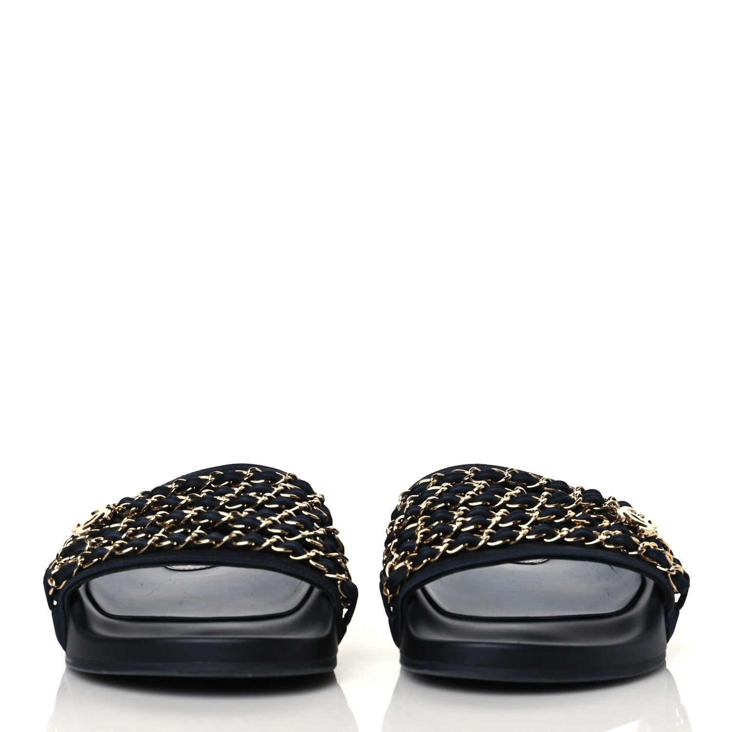 Chanel Satin Canvas Chain Slides Sandals Flats 39 Marine 2 of 8