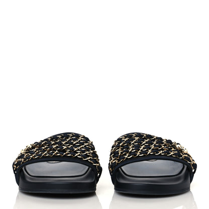 Chanel Satin Canvas Chain Slides Sandals Flats 39 Marine 2 of 8