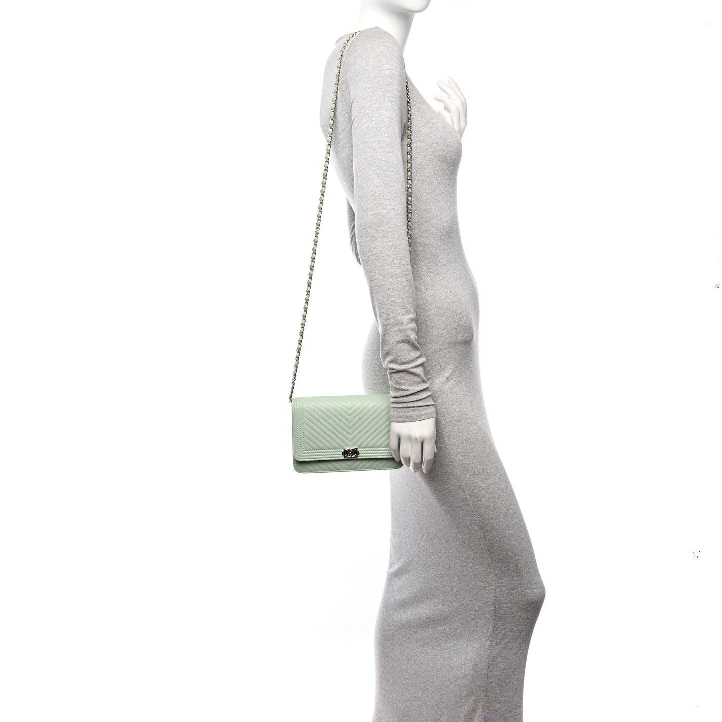 Lambskin Chevron Quilted Boy Wallet On Chain WOC Light Green