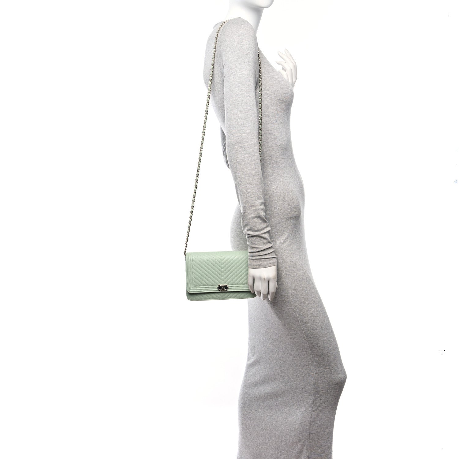 Chanel Lambskin Chevron Quilted Boy Wallet On Chain WOC Light Green 2 of 14