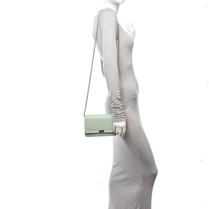 Chanel Lambskin Chevron Quilted Boy Wallet On Chain WOC Light Green 2 of 14