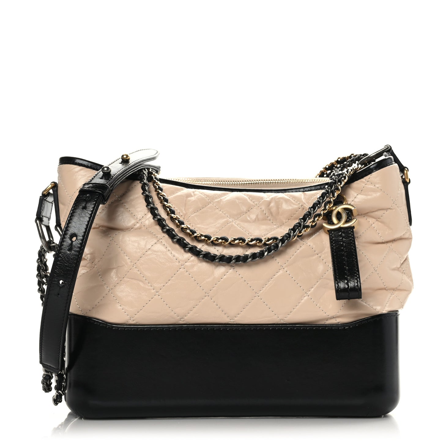 Aged Calfskin Quilted Medium Gabrielle Hobo Beige Black