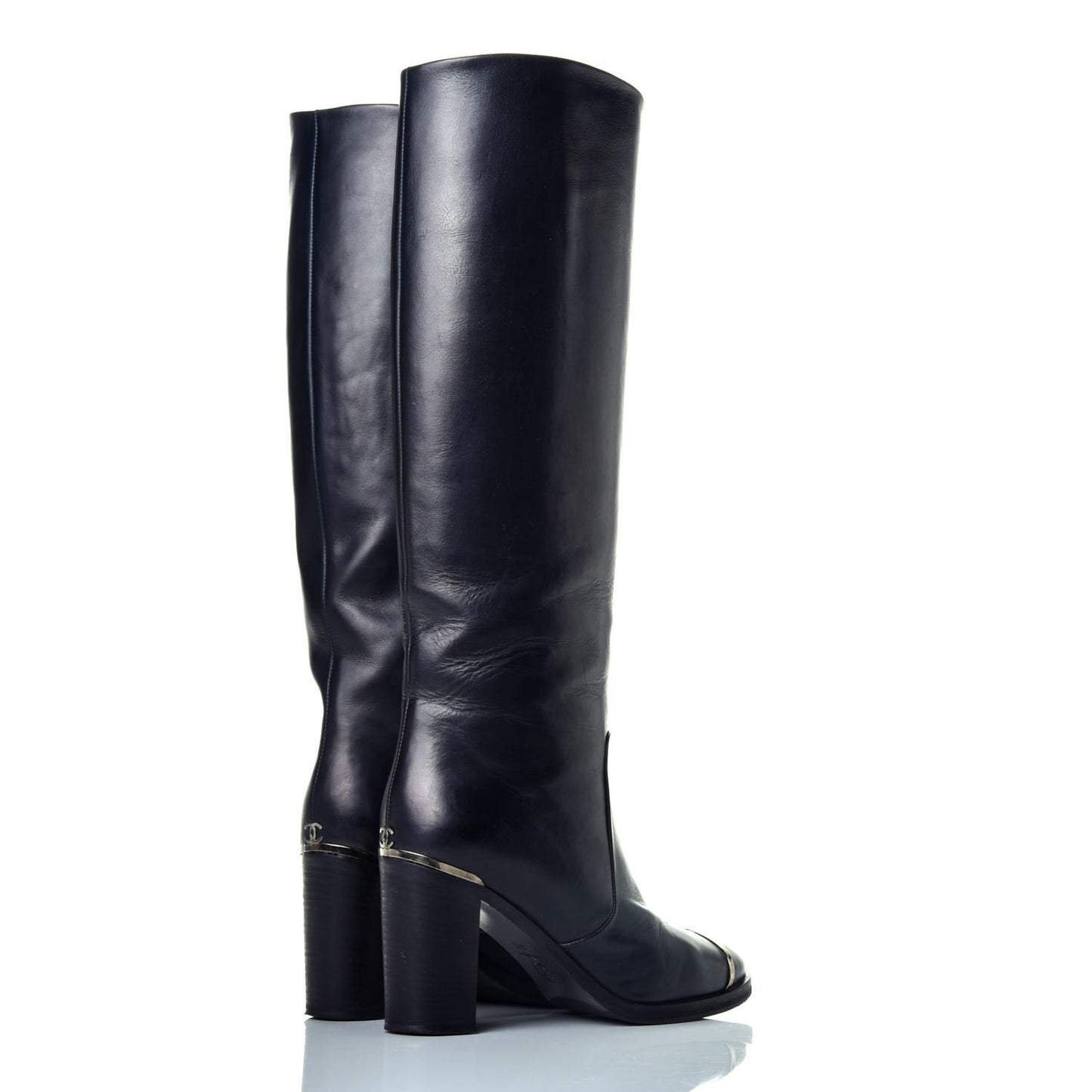 Calfskin CC Cap Toe Knee High Boots 37.5 Black