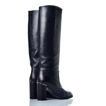 Chanel Calfskin CC Cap Toe Knee High Boots 37.5 Black 4 of 9