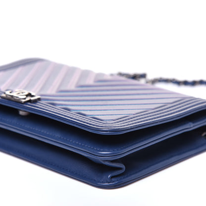 Chanel Calfskin Painted Chevron Embossed Boy Wallet On Chain WOC Navy 10 of 27