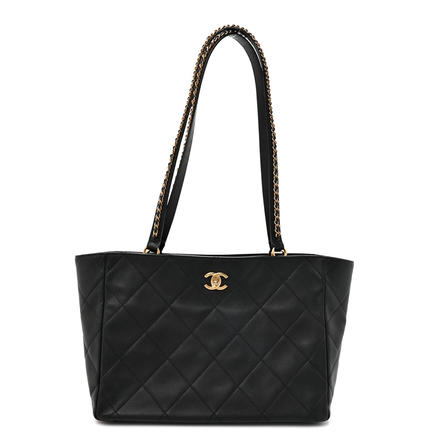 Calfskin Quilted Book Pocket Shopping Tote Black