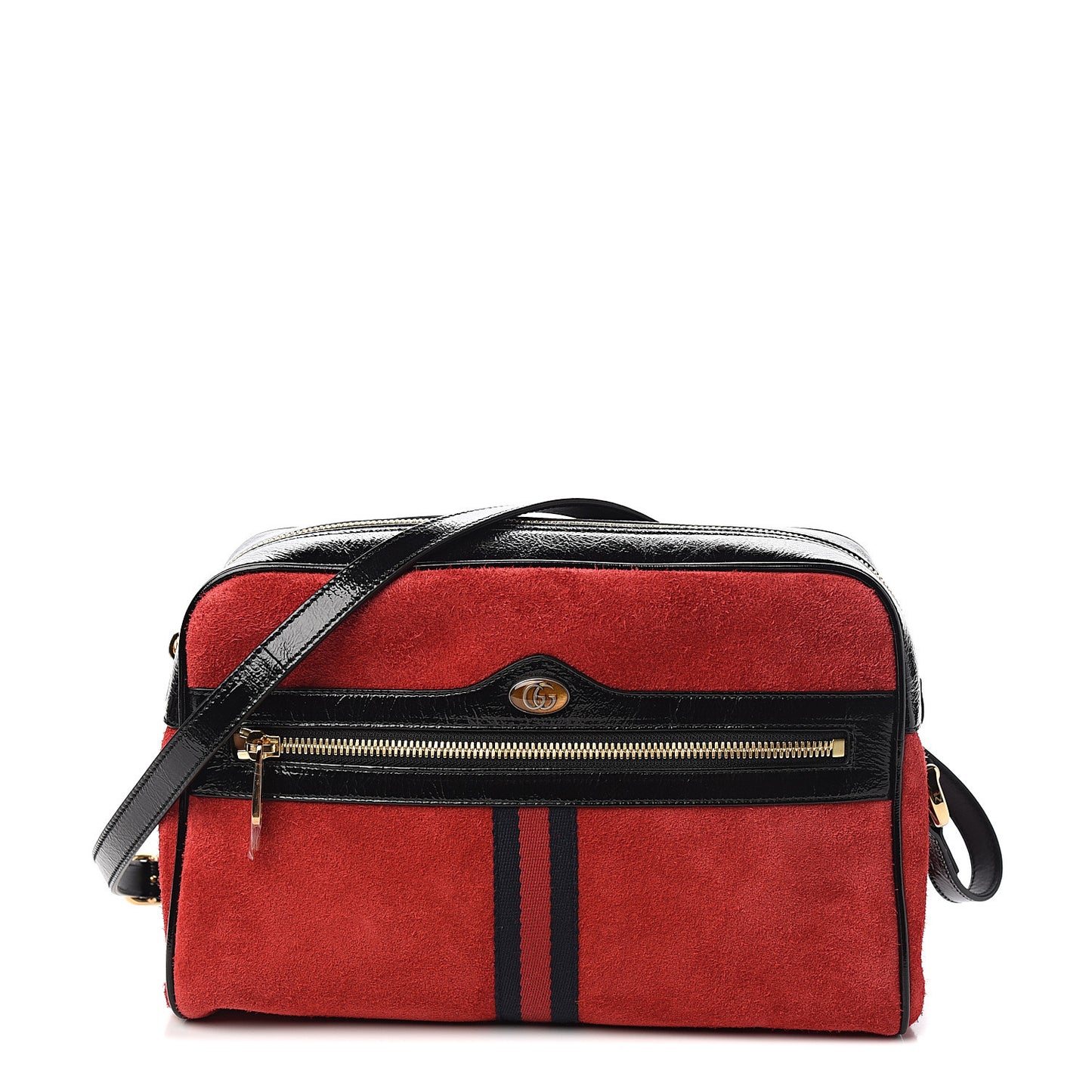 Suede Patent Web Small Ophidia Shoulder Bag Hibiscus Red Black