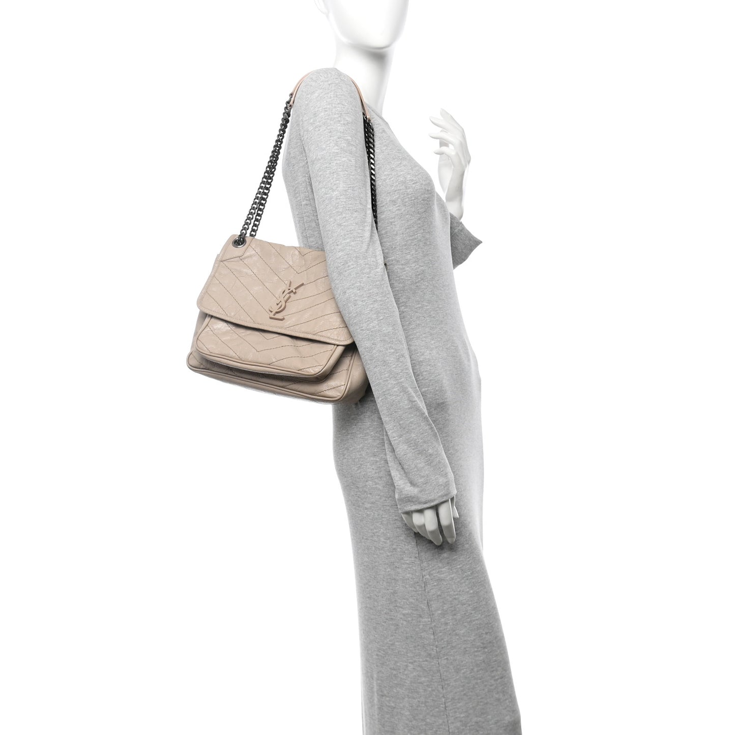 Crinkled Calfskin Matelasse Monogram Medium Niki Chain Satchel Gold Sand