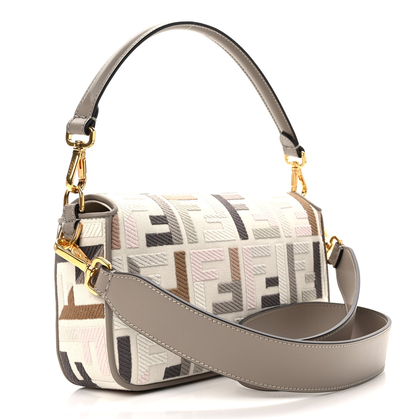 Canvas Vitello Seta FF Multicolor Embroidered Baguette Grezzo Multicolor Tortora