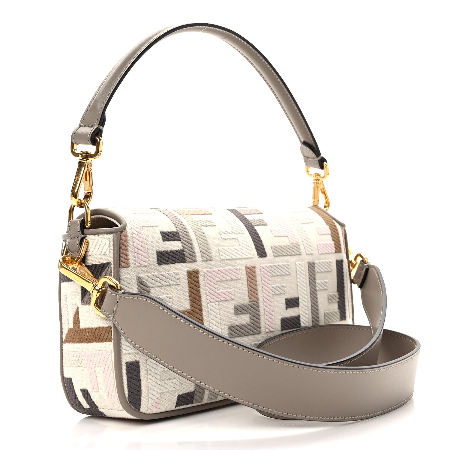Fendi Canvas Vitello Seta FF Multicolor Embroidered Baguette Grezzo Multicolor Tortora 3 of 10
