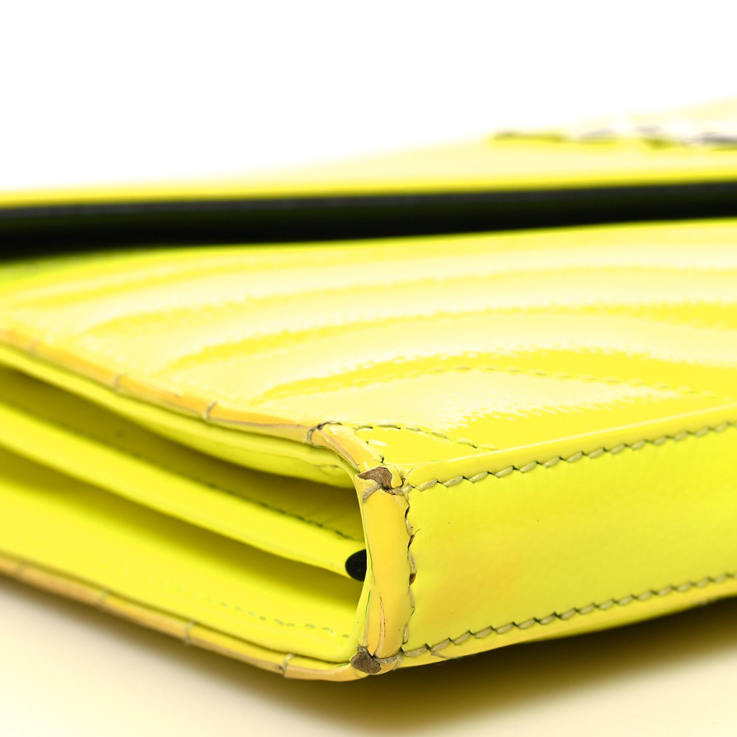 Saint Laurent Patent Grain De Poudre Matelasse Chevron Monogram Chain Wallet Neon Yellow 9 of 12