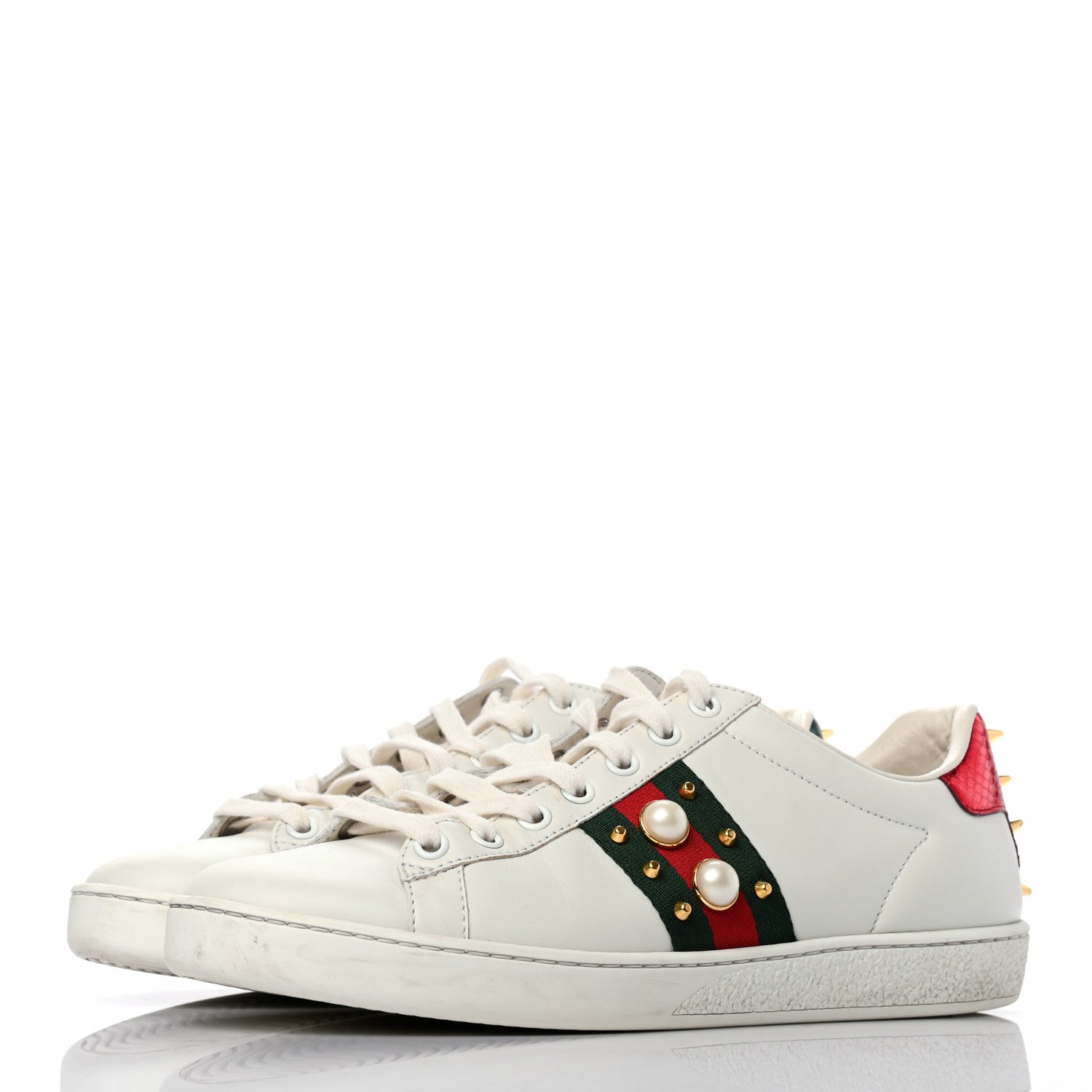Gucci Calfskin Web Pearl Studded Womens Ace Sneakers 37.5 White 3 of 9