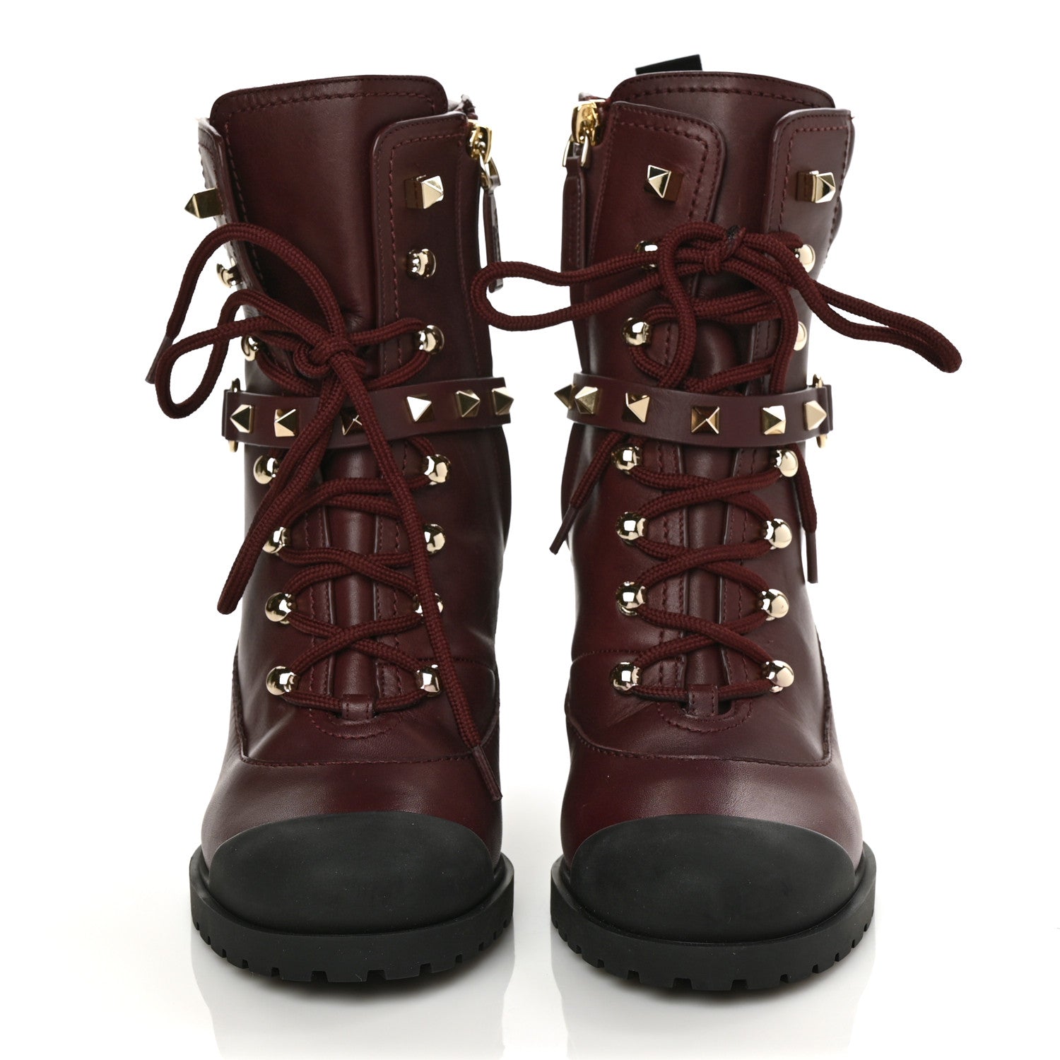 Valentino Garavani Calfskin Rockstud Cap Toe Combat Boots 37 Burgundy Black 2 of 9