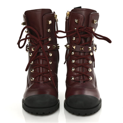 Valentino Garavani Calfskin Rockstud Cap Toe Combat Boots 37 Burgundy Black 2 of 9