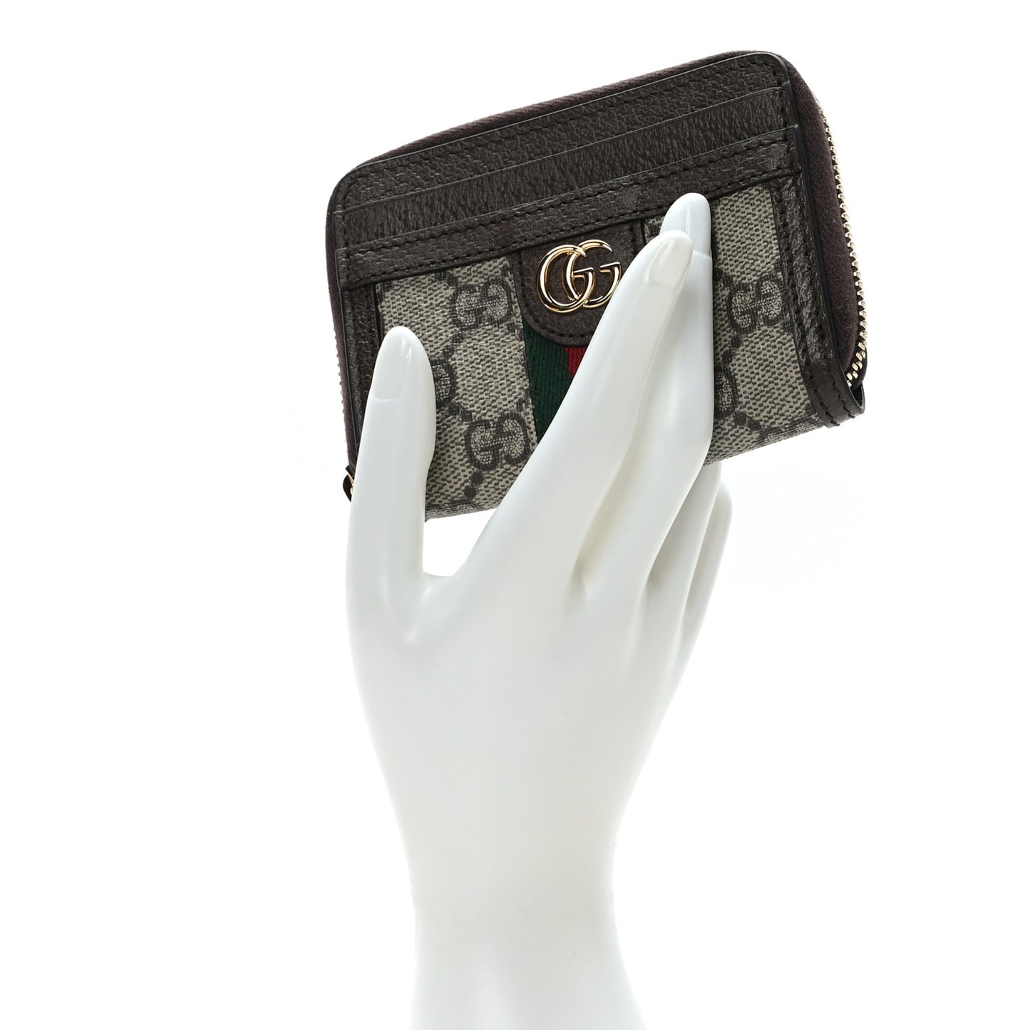 GG Supreme Monogram Textured Dollar Calfskin Web Ophidia Zip Around Card Case Wallet Beige Ebony New Acero
