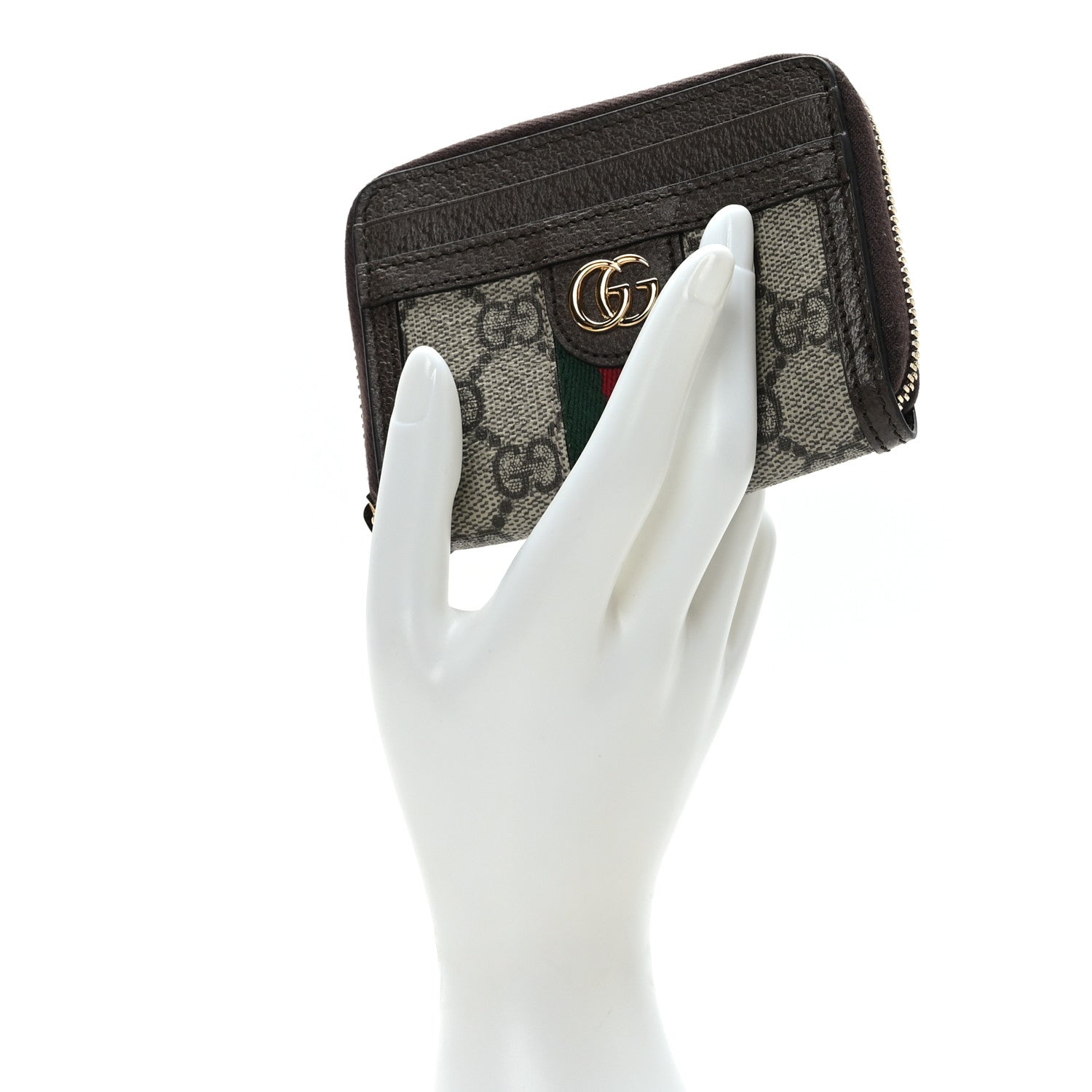 Gucci GG Supreme Monogram Textured Dollar Calfskin Web Ophidia Zip Around Card Case Wallet Beige Ebony New Acero 2 of 7