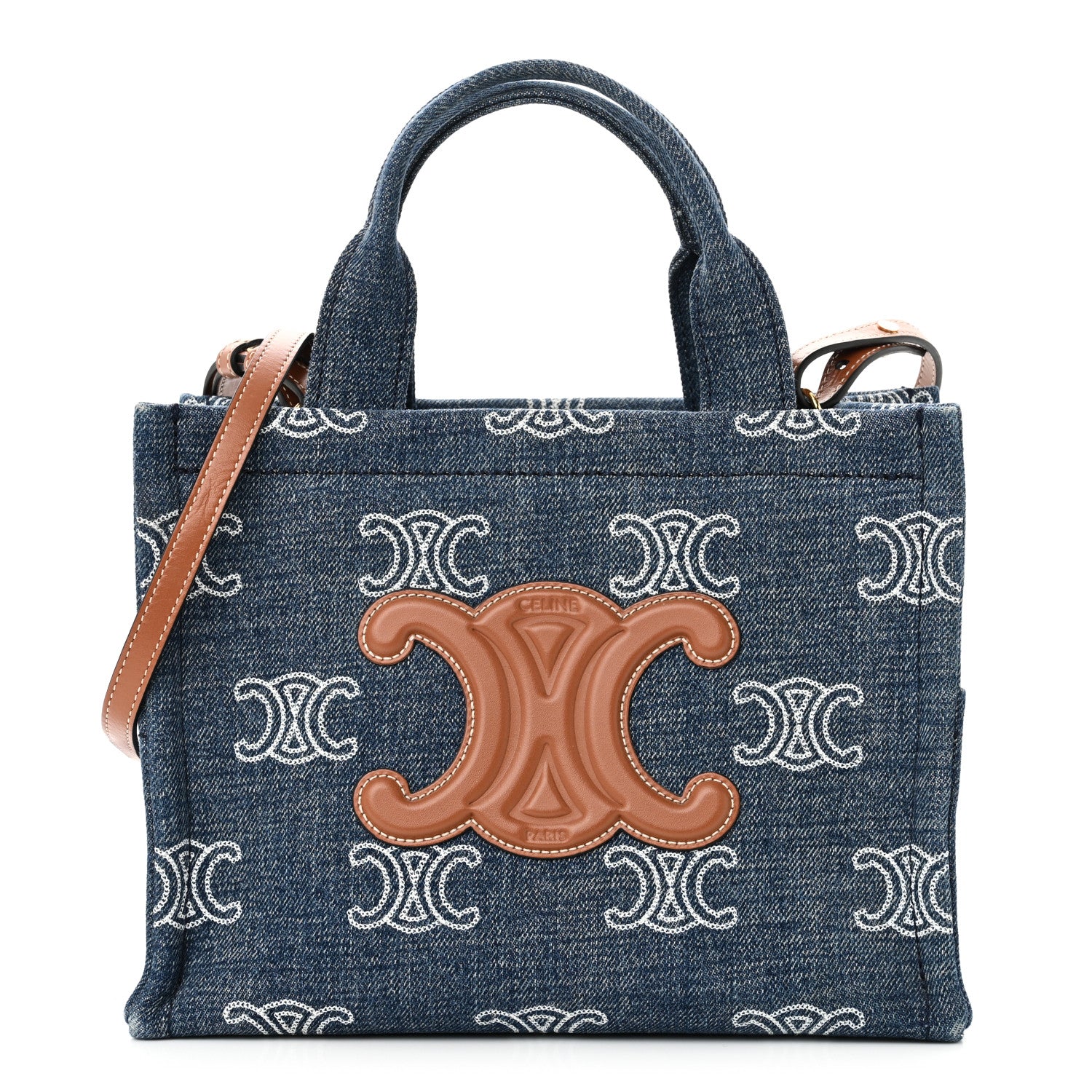 Celine Denim Calfskin Triomphe Print Cabas Blue Tan 1 of 9