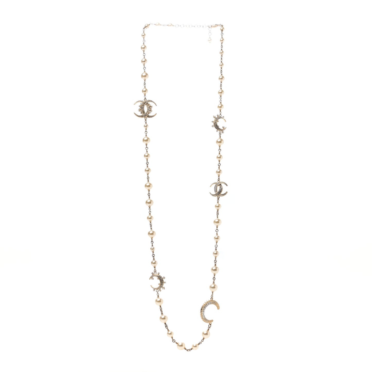 Pearl Baguette Crystal CC Moon Long Necklace Gold