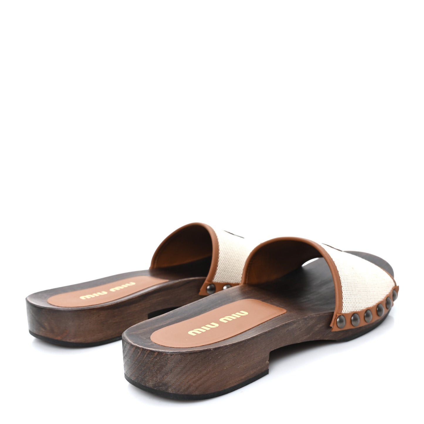 Canvas Calfskin Logo Slide Clogs 39 Naturale Brandy
