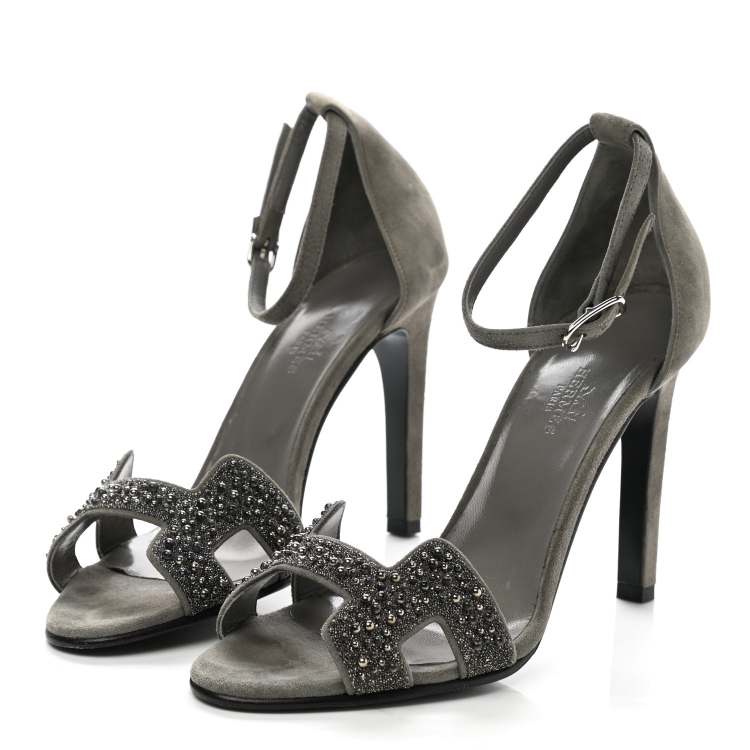 Hermes Suede Goatskin Crystal Premiere 105 Sandals 38 Grey 3 of 9