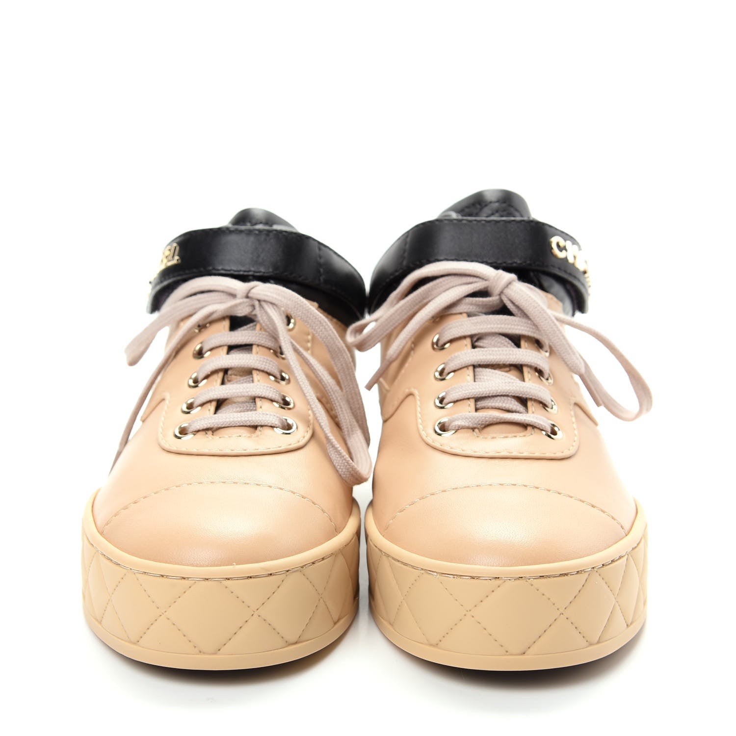 Chanel Lambskin Logo Strap Sneakers 39.5 Beige Black 2 of 11