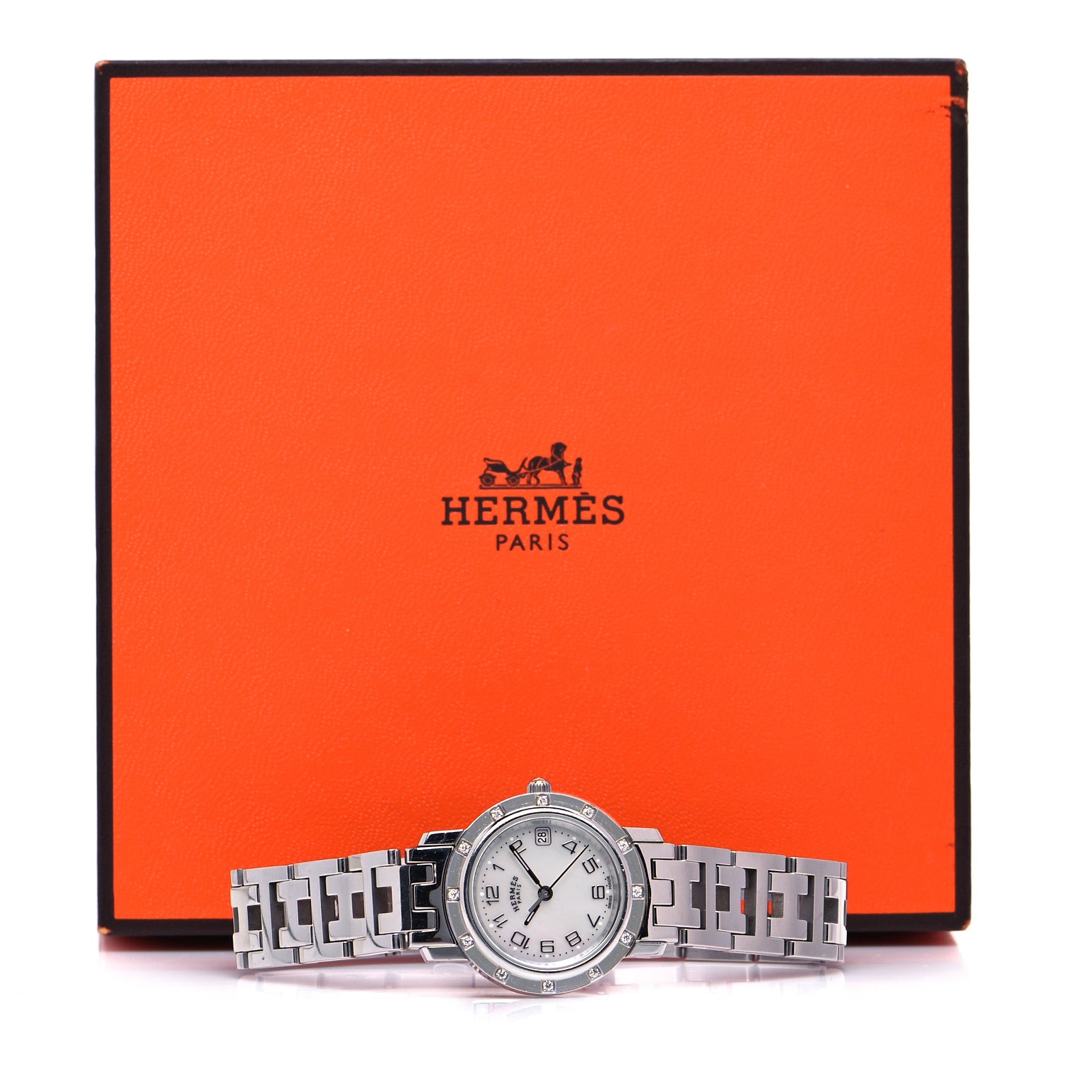 Hermes Stainless Steel Diamond Mother of Pearl 24mm Clipper Quartz Watch 5 of 5