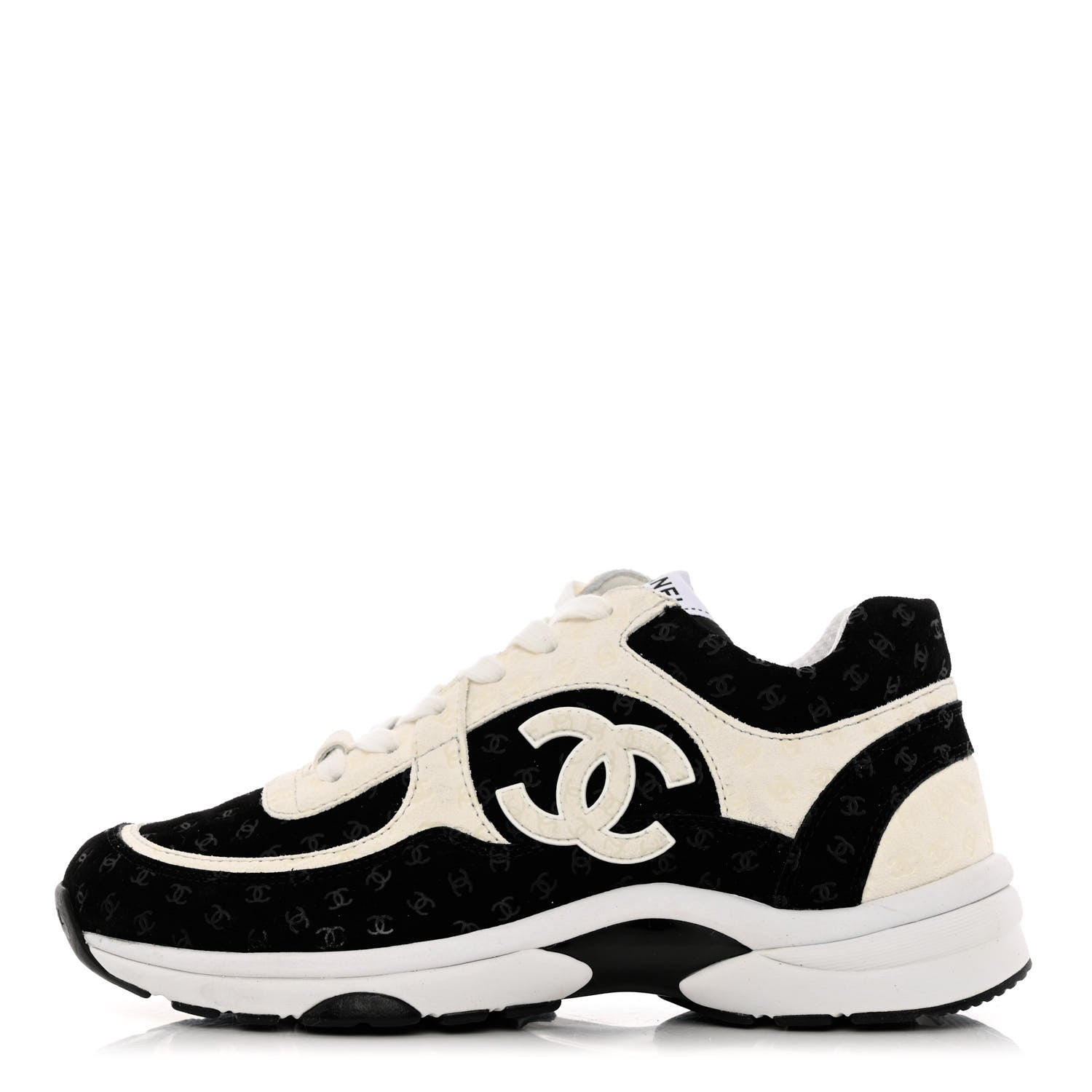 Chanel Nylon Suede Calfskin Printed CC Sneakers 37.5 White Black 1 of 9