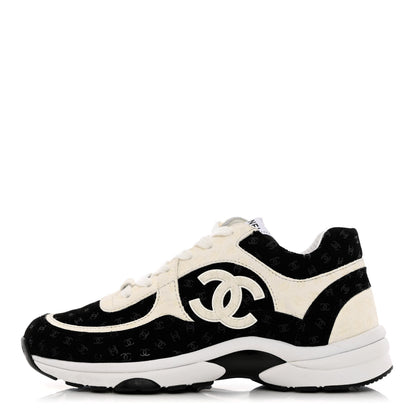Chanel Nylon Suede Calfskin Printed CC Sneakers 37.5 White Black 1 of 9