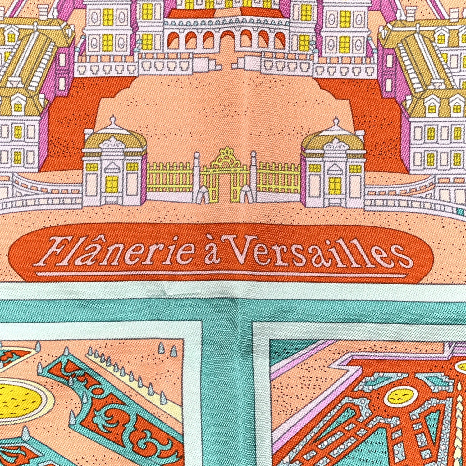 Hermes Silk Flanerie A Versailles Scarf 90 Rose Pale Vert Jaune 5 of 7