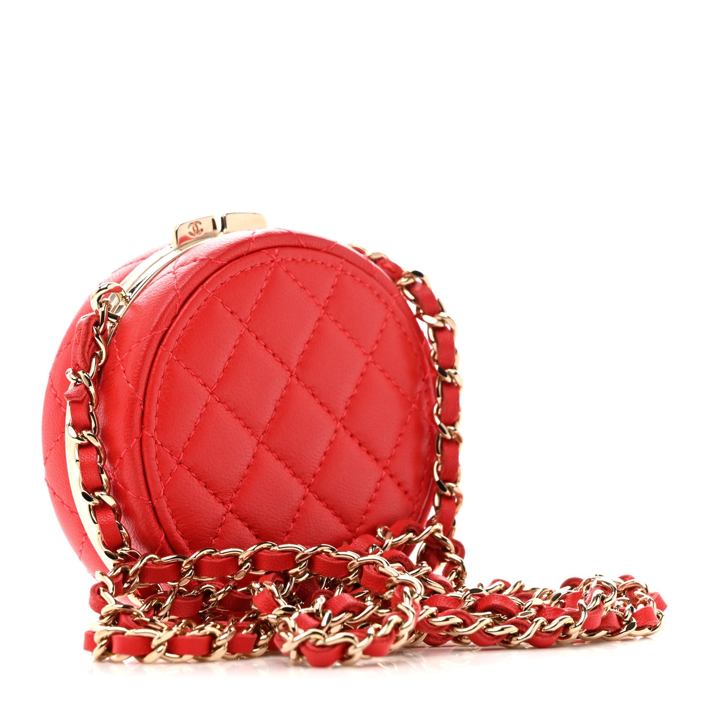 Lambskin Enamel Quilted Round Poker Chip Clutch With Chain Red White