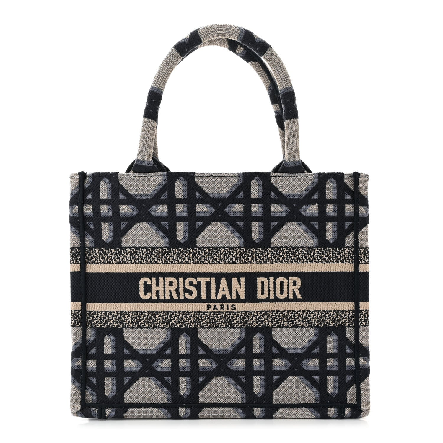 Christian Dior Canvas Macrocannage Embroidered Small Book Tote Beige Blue 1 of 10