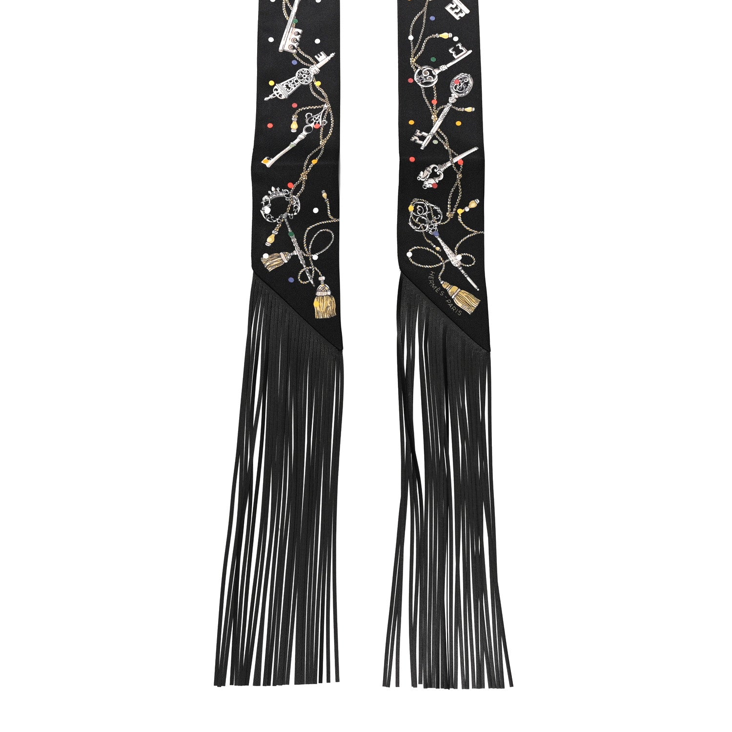 Hermes Silk Calfskin Les Cles A Pois Fringed Twilly Black Mordore White 2 of 4