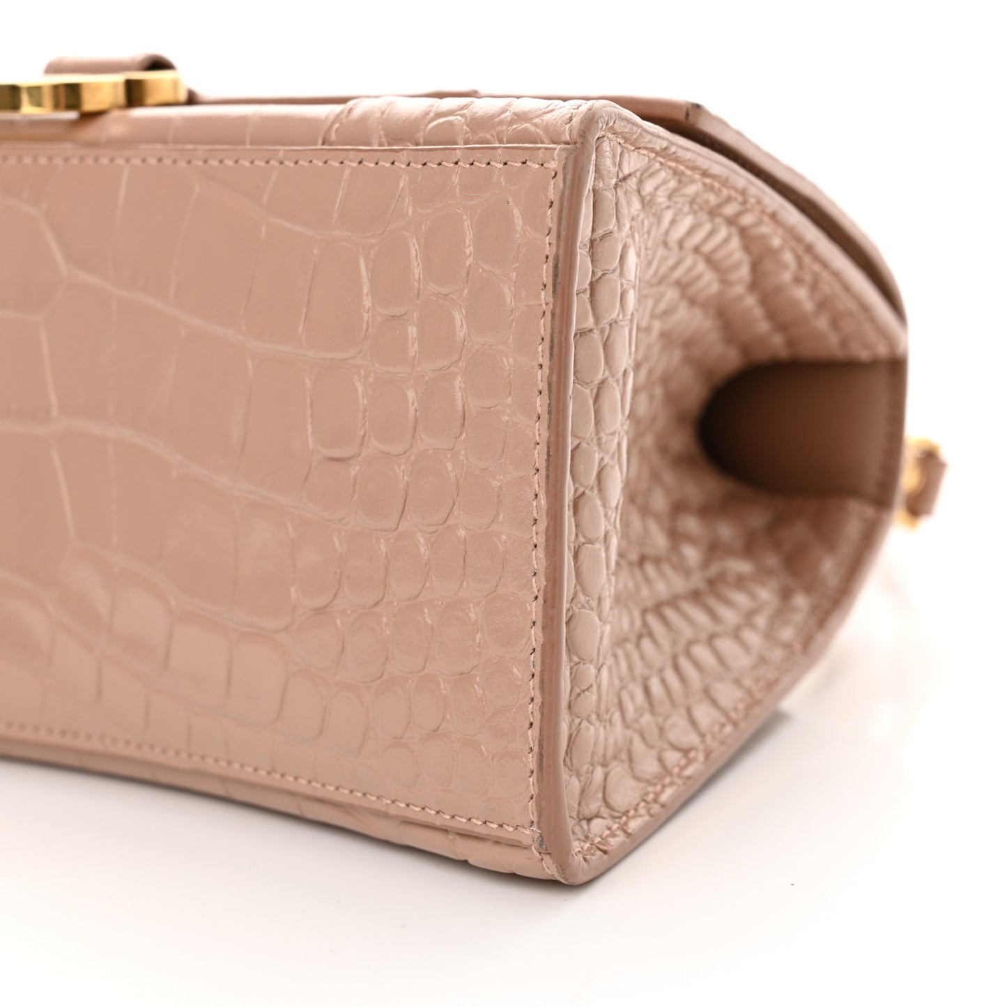 Shiny Calfskin Crocodile Embossed Small Hourglass Top Handle Bag Nude Beige