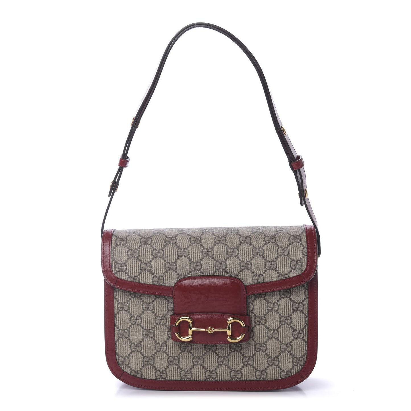 GG Supreme Monogram Azalea Calfskin Horsebit 1955 Shoulder Bag Beige Ebony New Cherry Red