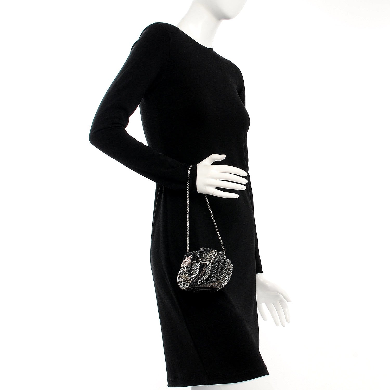 Judith Leiber Swarovski Crystal Swan Minaudiere Clutch Black Silver 2 of 7