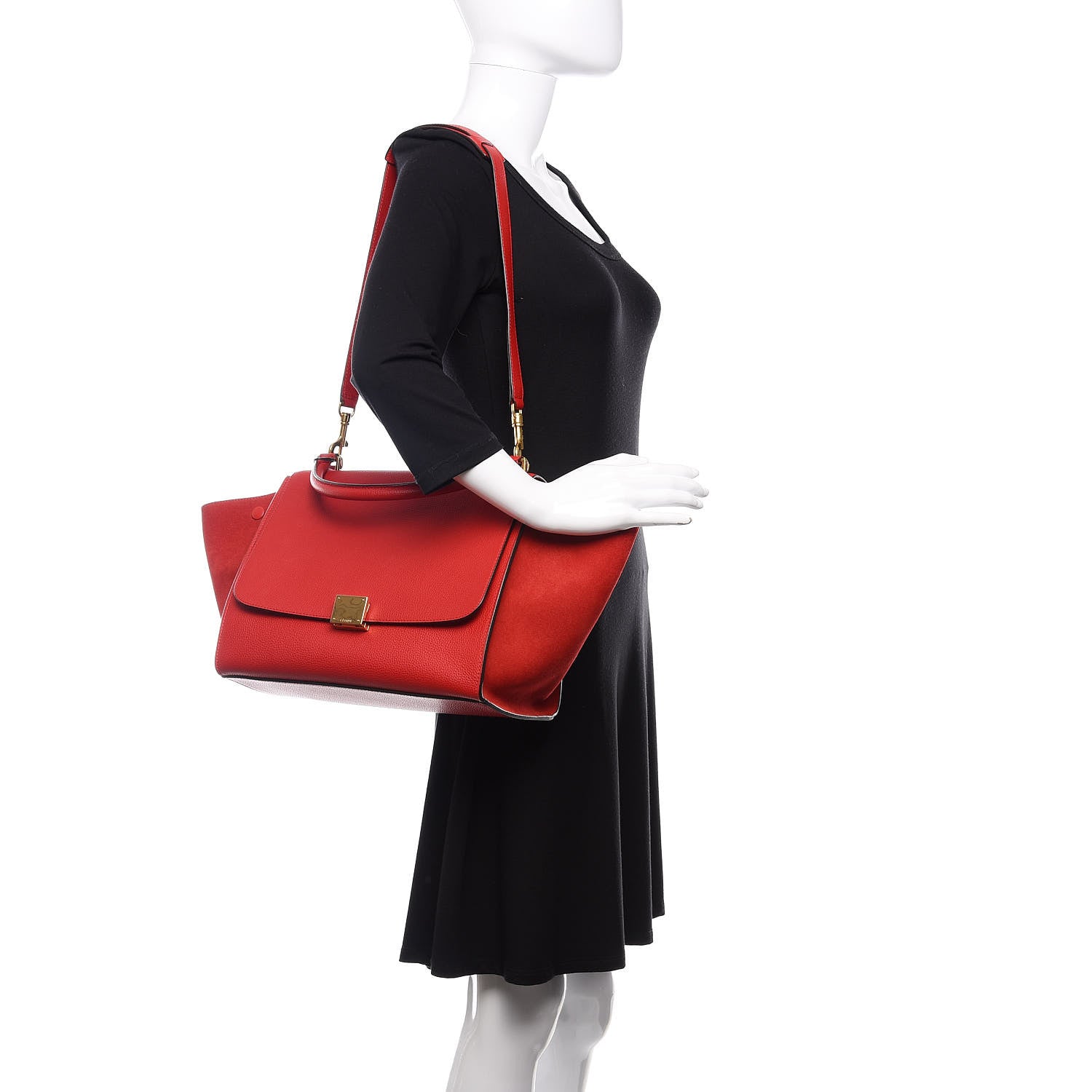 Celine Drummed Calfskin Suede Medium Trapeze Vermillion 2 of 9