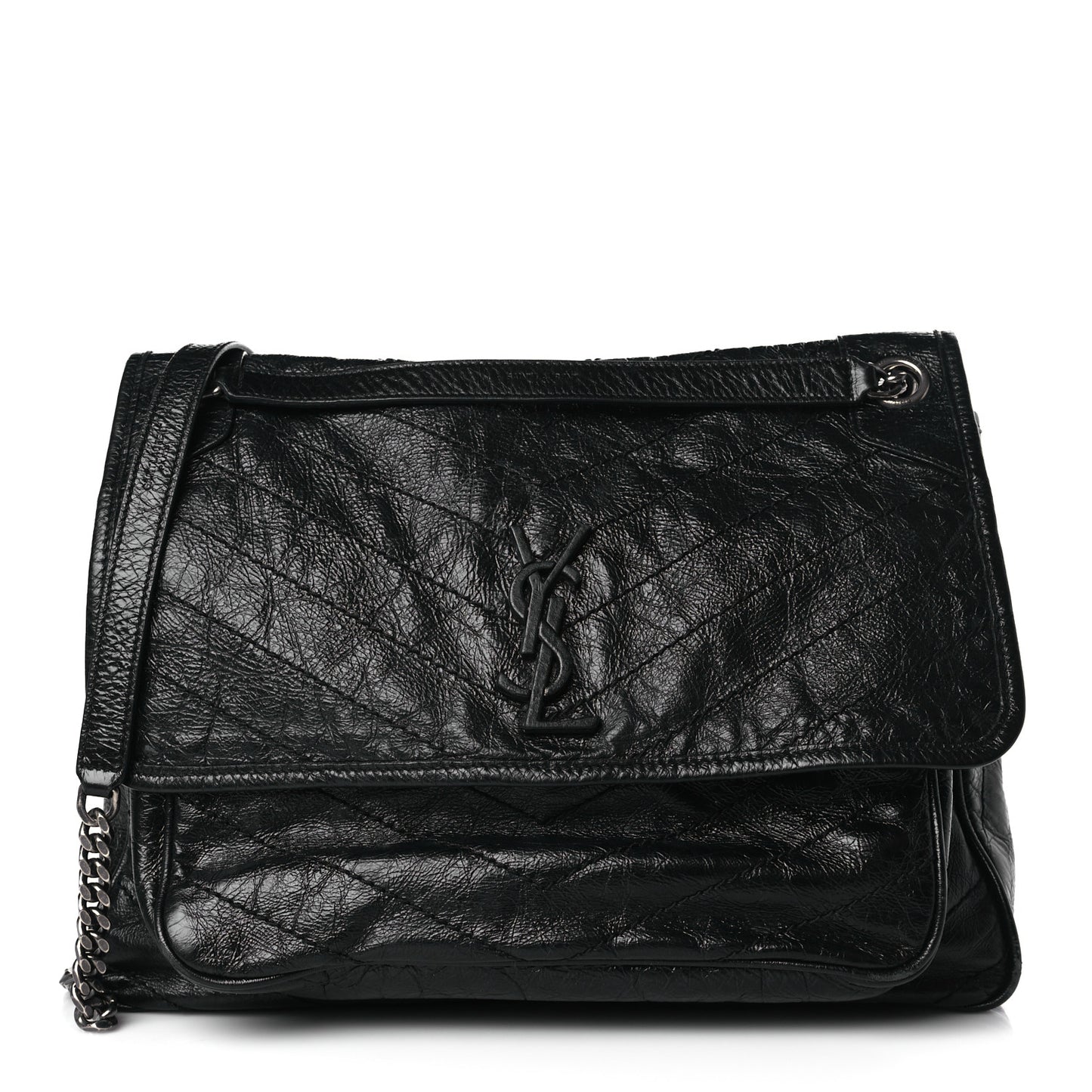 Crinkled Calfskin Matelasse Monogram Large Niki Chain Satchel Black