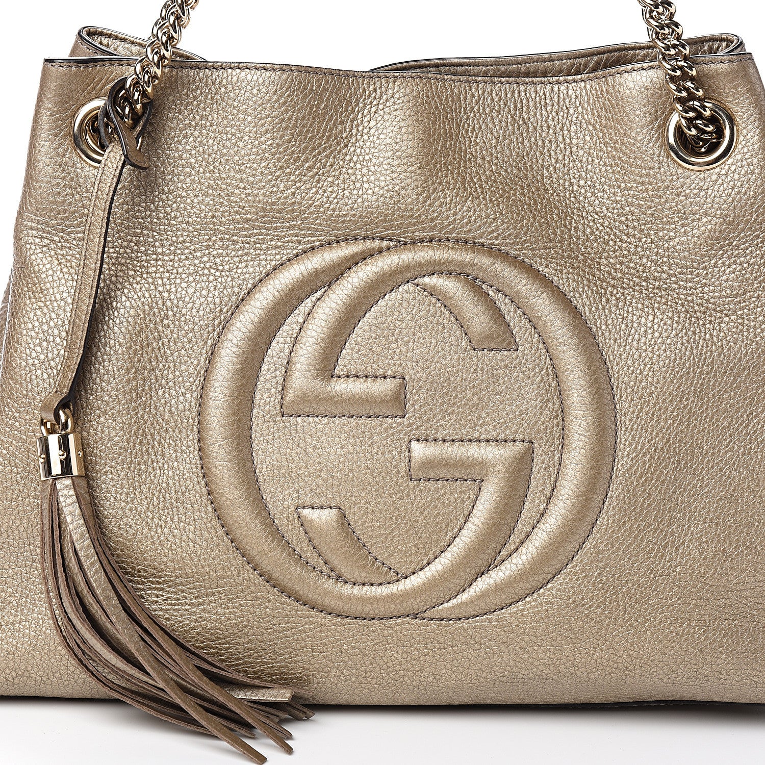 Gucci Metallic Pebbled Calfskin Medium Soho Chain Shoulder Bag Golden Beige 9 of 9