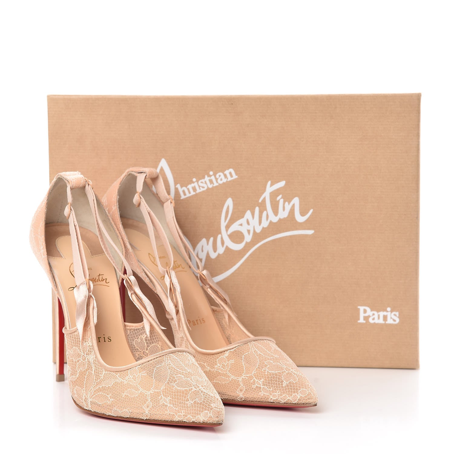 Christian Louboutin Satin Chantilly Lace Hot Jeanbi 100 Pumps 39 Nude 14 of 14
