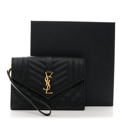 Saint Laurent Grain De Poudre Textured Mixed Matelasse Triquilt Monogram Clutch Black 11 of 11